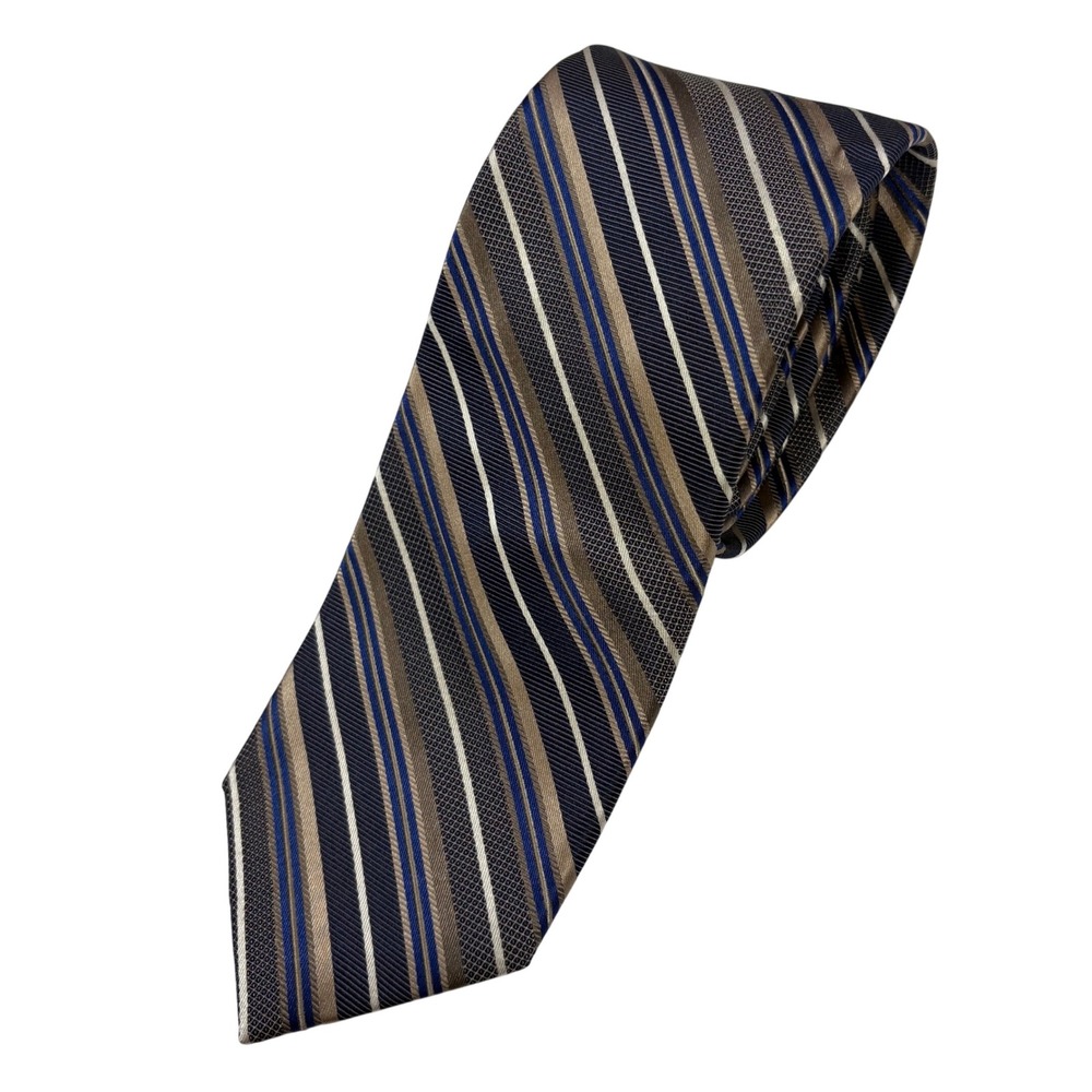 BARDELLI 100% Silk Tie Extra Long Blue Tan Stripe Office USA Formal Business VTG